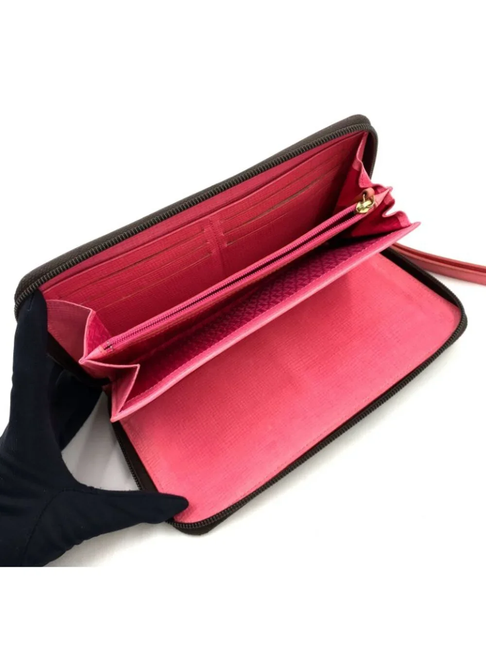 Fendi Zucca Pattern Zip Around Leather Pink Brown Wallet Gold